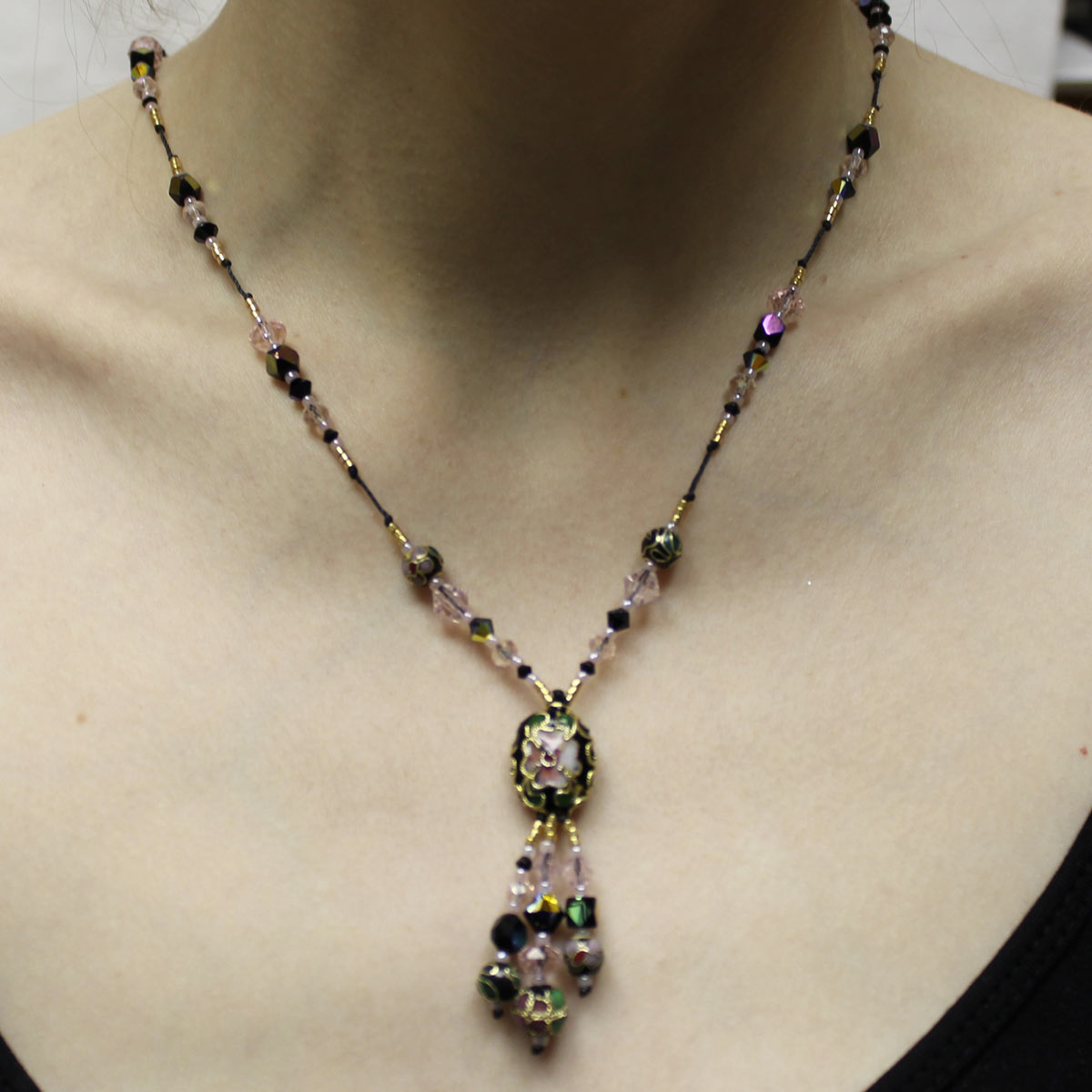 Cloisonné center bead, Cloisonné necklace, handmade crystal necklace, gold necklace, drop necklace