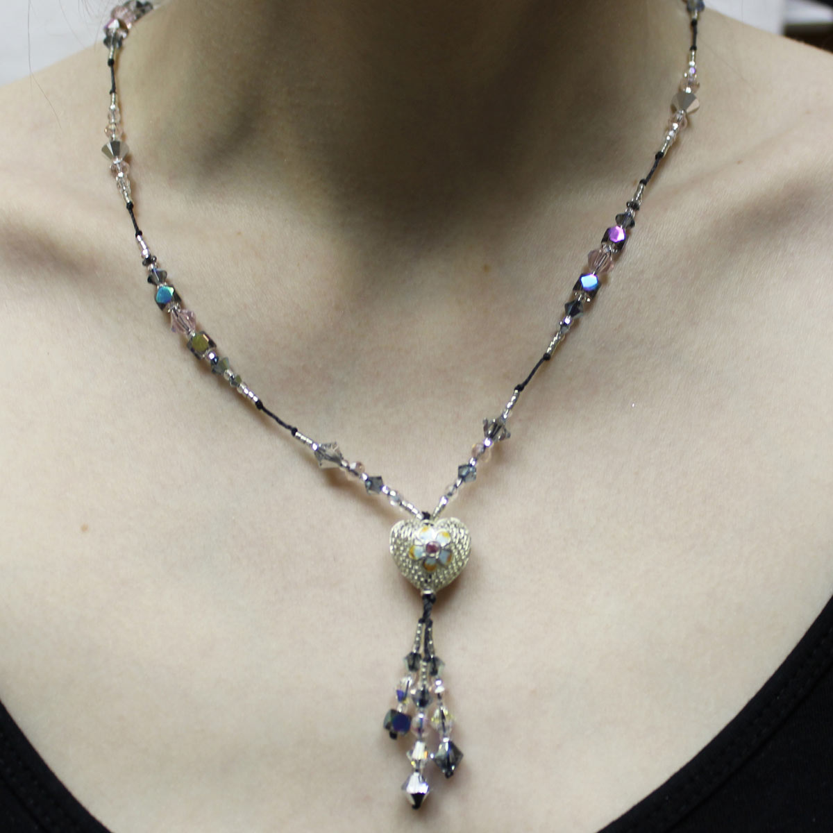 heart center bead, Cloisonné necklace, drop necklace, handmade crystal necklace