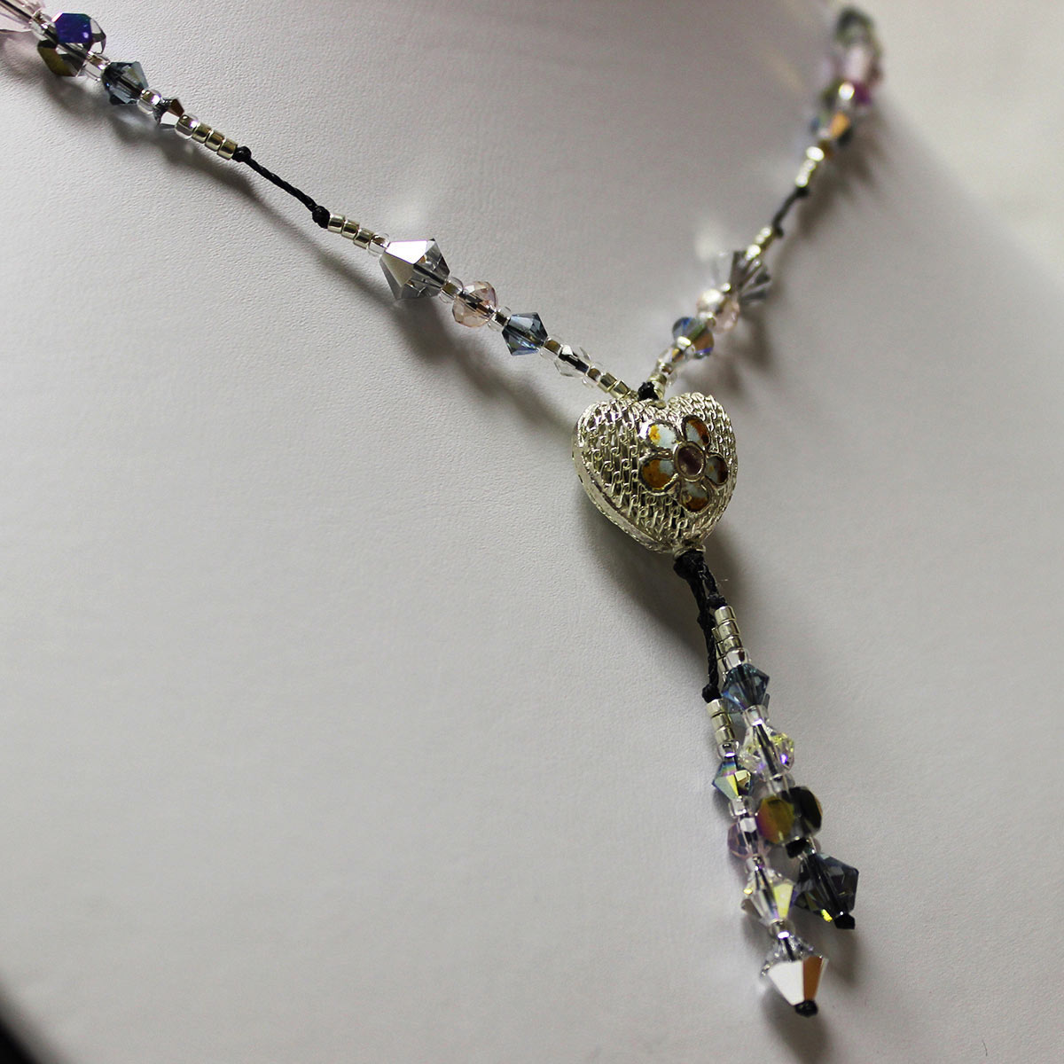 drop necklace, Cloisonné necklace, heart bead, crystal beads, silver necklace