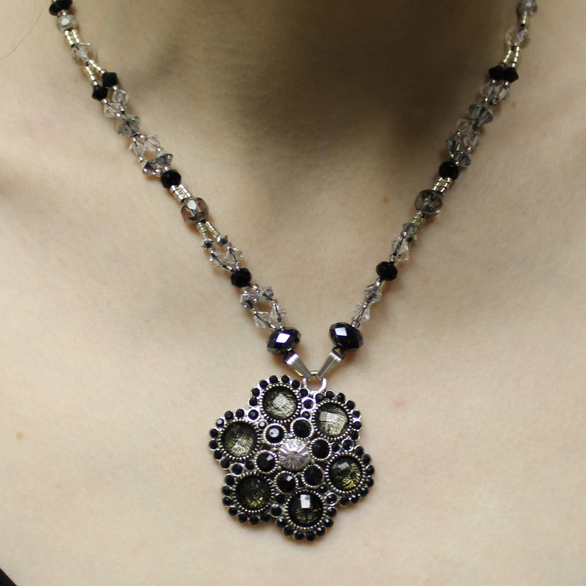 statement necklace, flower center bead, crystal flower bead, hematite crystals, silver accents necklace, statement jewelry