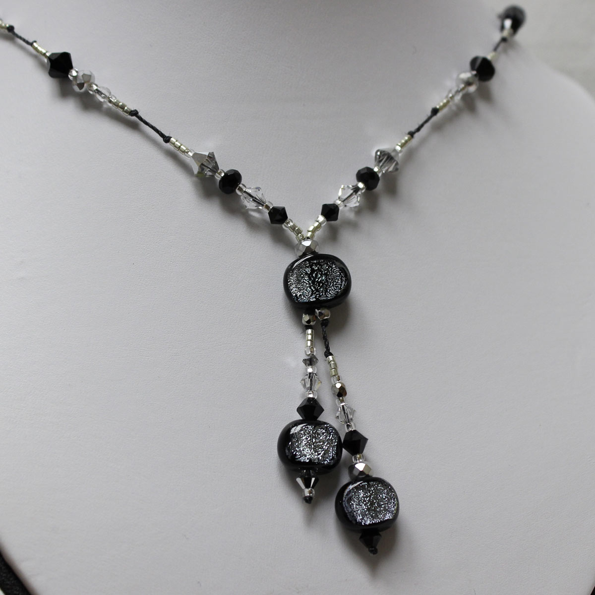 double drop necklace, metallic beads, lampwork beads, crystal beads