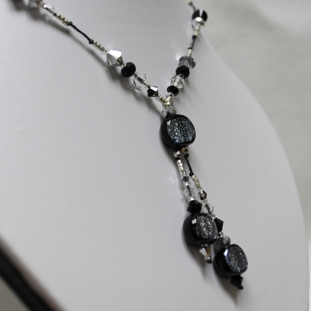 double drop necklace, lampwork bead, crystal beads, crystal necklace, black and silver necklace