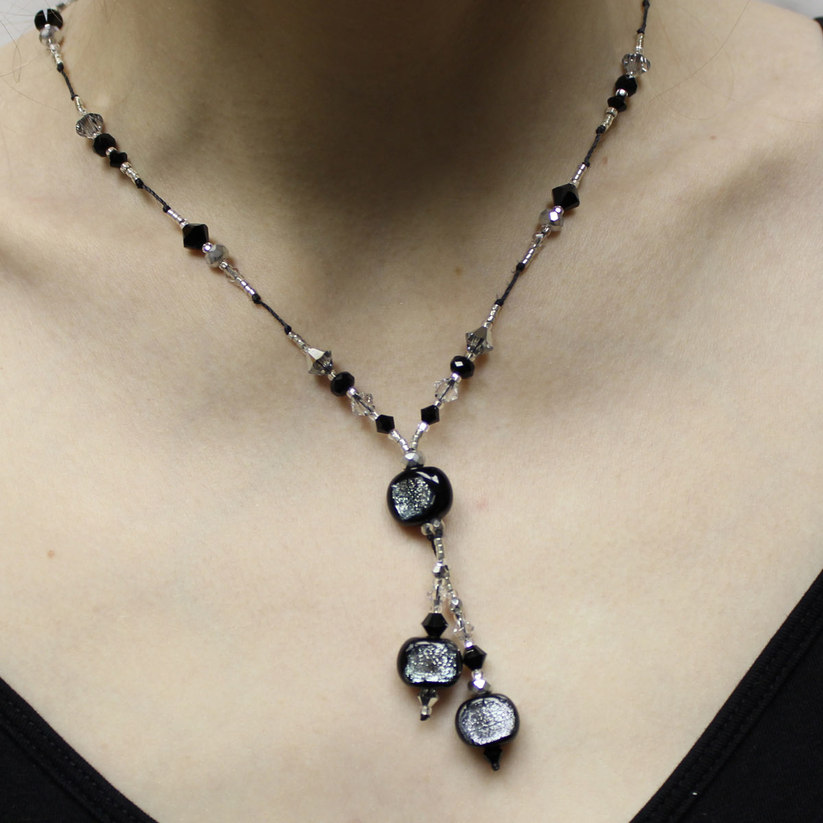 double drop necklace, lampwork beads, black crystals, clear crystals, silver accent necklace