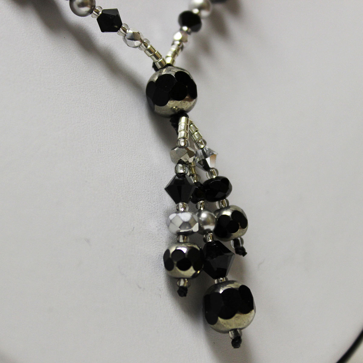 drop necklace, handmade pearl necklace, cathedral beads, crystal beads, black and silver necklace